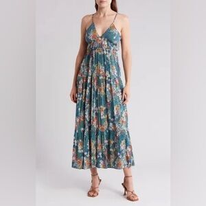Angie Floral Maxi Dress Multicolor Lightweight Open Back Boho Tiered - Size S